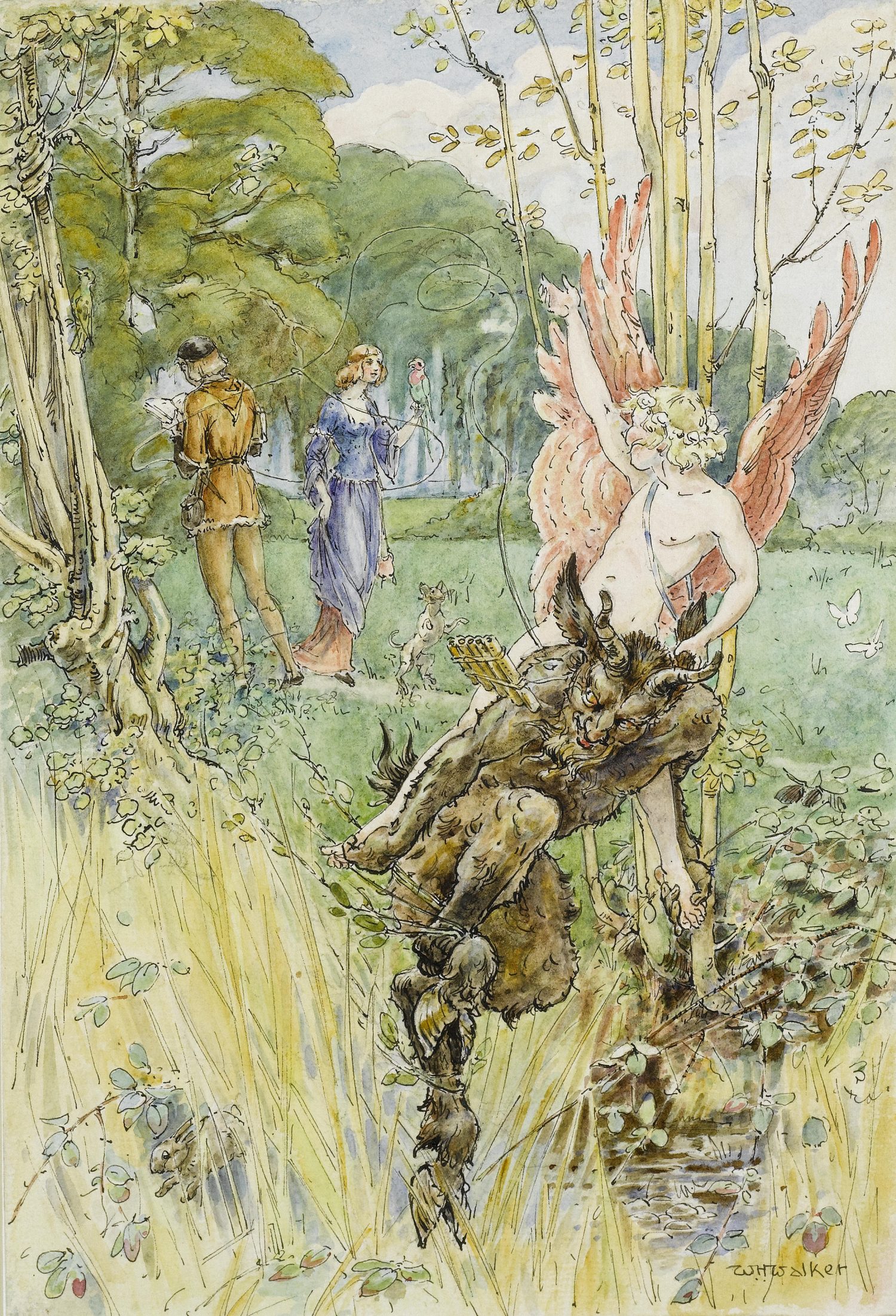 Cupid And Pan Entwining Lovers by William Henry Walker